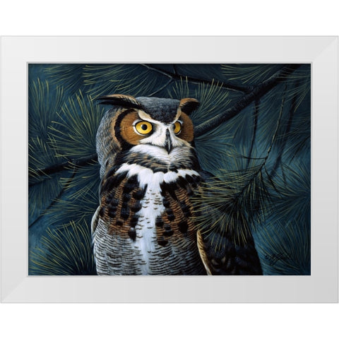 Portrait In The Pines - Great Horned Owl White Modern Wood Framed Art Print by Goebel, Wilhelm