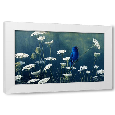 Indigo And Lace - Indigo Bunting White Modern Wood Framed Art Print by Goebel, Wilhelm