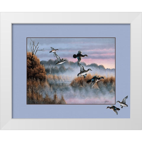 Ducks In Flight 2 White Modern Wood Framed Art Print by Goebel, Wilhelm