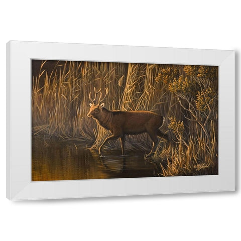 Evening Rounds Sika Deer White Modern Wood Framed Art Print by Goebel, Wilhelm