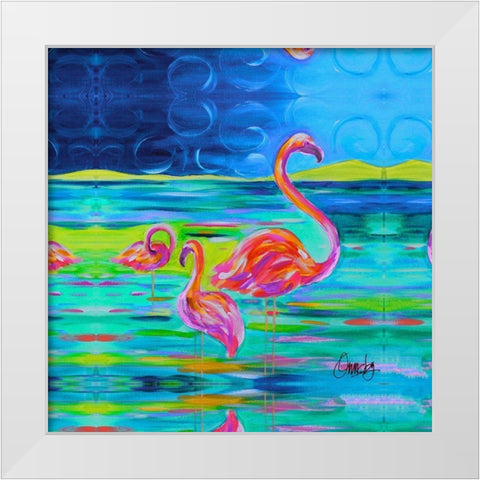 Duo Flamingos White Modern Wood Framed Art Print by Ormsby, Anne