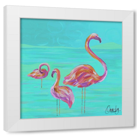 Duo Flamingos White Modern Wood Framed Art Print by Ormsby, Anne