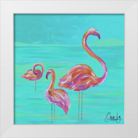 Duo Flamingos White Modern Wood Framed Art Print by Ormsby, Anne