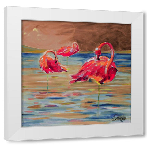 Trio Flamingos White Modern Wood Framed Art Print by Ormsby, Anne