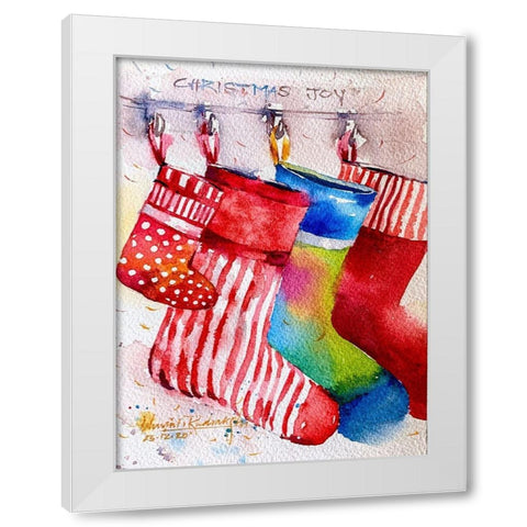 Christmas Socks White Modern Wood Framed Art Print by Rudraksi, Ashwini