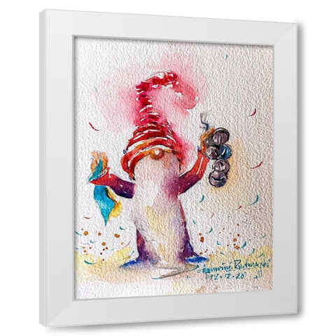 Gnome With Bells White Modern Wood Framed Art Print by Rudraksi, Ashwini