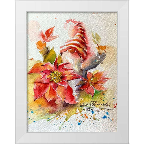 Gnome With Poinsettias White Modern Wood Framed Art Print by Rudraksi, Ashwini