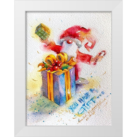 Santa With Gift White Modern Wood Framed Art Print by Rudraksi, Ashwini