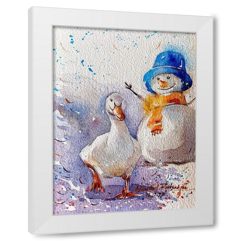 Goose And Snowman White Modern Wood Framed Art Print by Rudraksi, Ashwini