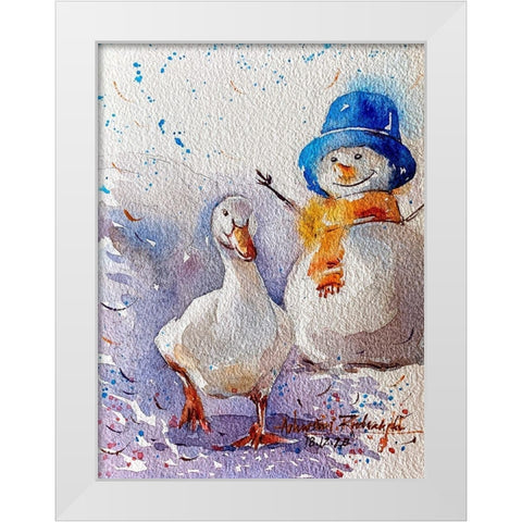 Goose And Snowman White Modern Wood Framed Art Print by Rudraksi, Ashwini