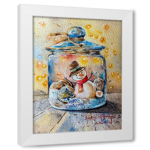 Snowman In Jar White Modern Wood Framed Art Print by Rudraksi, Ashwini