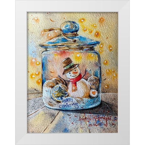 Snowman In Jar White Modern Wood Framed Art Print by Rudraksi, Ashwini