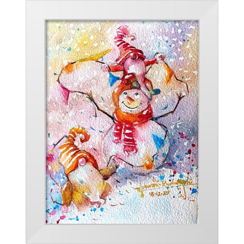 Snowman With Gnome White Modern Wood Framed Art Print by Rudraksi, Ashwini