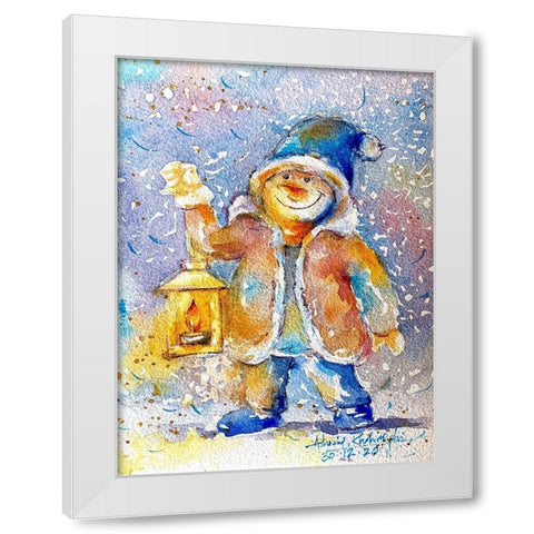 Snowman With Lantern White Modern Wood Framed Art Print by Rudraksi, Ashwini