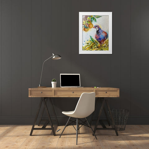 Partridge In Pear Tree White Modern Wood Framed Art Print by Rudraksi, Ashwini