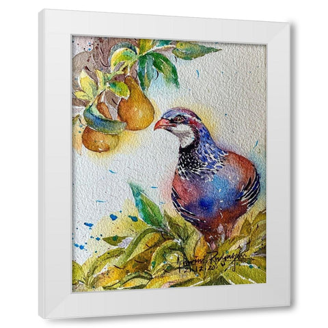 Partridge In Pear Tree White Modern Wood Framed Art Print by Rudraksi, Ashwini