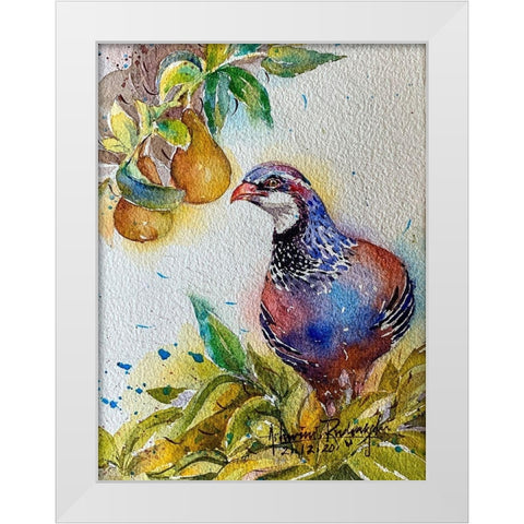 Partridge In Pear Tree White Modern Wood Framed Art Print by Rudraksi, Ashwini