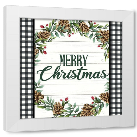 Merry Christmas Plaid Wreath White Modern Wood Framed Art Print by Bailey, Ann