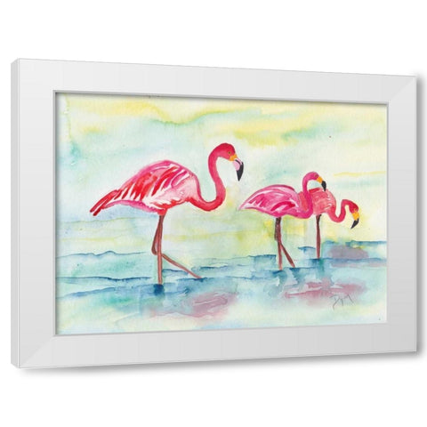 Sunset Flamingoes I White Modern Wood Framed Art Print by Dyer, Beverly