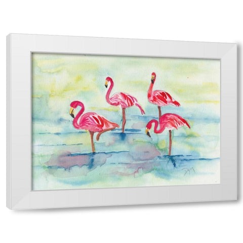 Sunset Flamingoes II White Modern Wood Framed Art Print by Dyer, Beverly