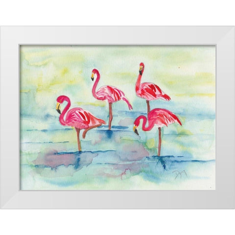 Sunset Flamingoes II White Modern Wood Framed Art Print by Dyer, Beverly