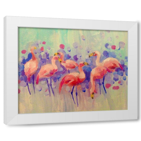 Flamingo Party White Modern Wood Framed Art Print by Boho Hue Studio
