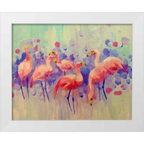 Flamingo Party White Modern Wood Framed Art Print by Boho Hue Studio