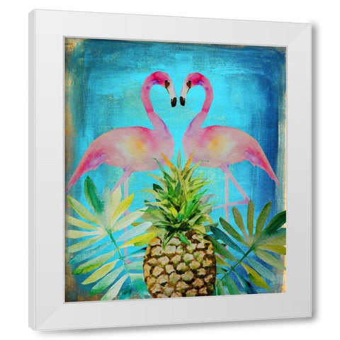 Pineapple Flamingos White Modern Wood Framed Art Print by Boho Hue Studio