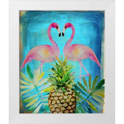 Pineapple Flamingos White Modern Wood Framed Art Print by Boho Hue Studio