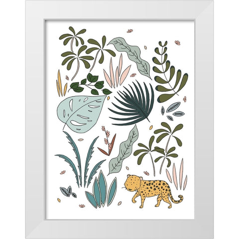 Botanical Jungle Leopard White Modern Wood Framed Art Print by Sweet Melody Designs