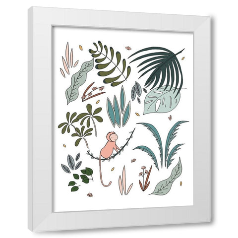 Botanical Jungle Monkey White Modern Wood Framed Art Print by Sweet Melody Designs
