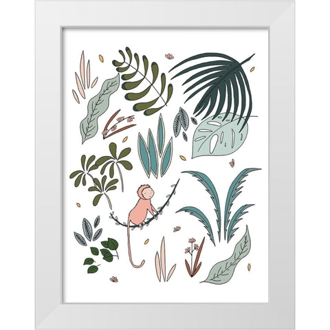 Botanical Jungle Monkey White Modern Wood Framed Art Print by Sweet Melody Designs