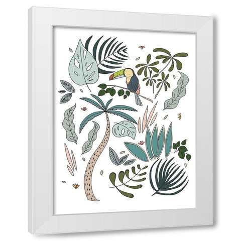 Botanical Jungle Toucan White Modern Wood Framed Art Print by Sweet Melody Designs