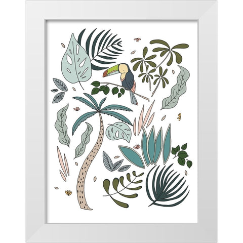 Botanical Jungle Toucan White Modern Wood Framed Art Print by Sweet Melody Designs