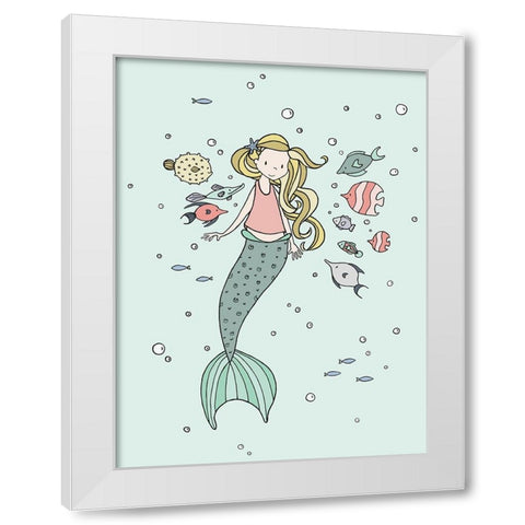 Mermaid And Fish Buddies White Modern Wood Framed Art Print by Sweet Melody Designs