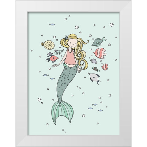 Mermaid And Fish Buddies White Modern Wood Framed Art Print by Sweet Melody Designs