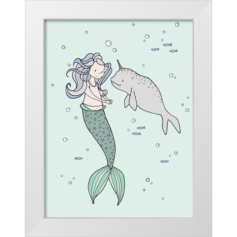 Mermaid And Narwhal Buddies White Modern Wood Framed Art Print by Sweet Melody Designs