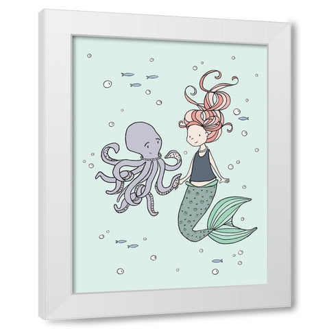 Mermaid And Octopus Buddies White Modern Wood Framed Art Print by Sweet Melody Designs