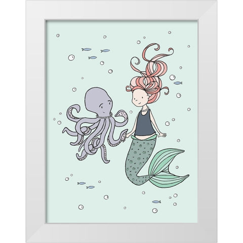 Mermaid And Octopus Buddies White Modern Wood Framed Art Print by Sweet Melody Designs
