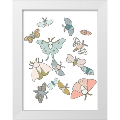Moths Flutter White Modern Wood Framed Art Print by Sweet Melody Designs