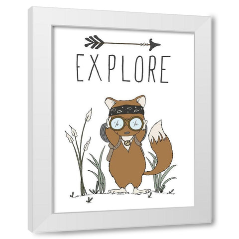 Fox Explore White Modern Wood Framed Art Print by Sweet Melody Designs