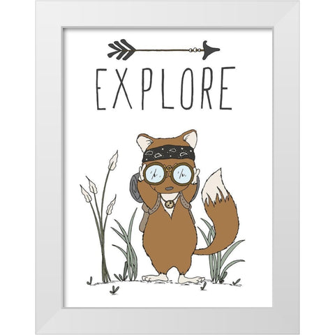 Fox Explore White Modern Wood Framed Art Print by Sweet Melody Designs