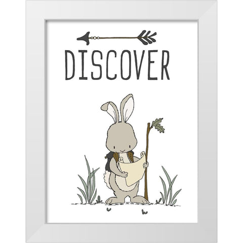 Bunny Discover White Modern Wood Framed Art Print by Sweet Melody Designs