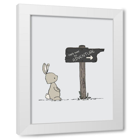 Bunny This Way To Adventure White Modern Wood Framed Art Print by Sweet Melody Designs