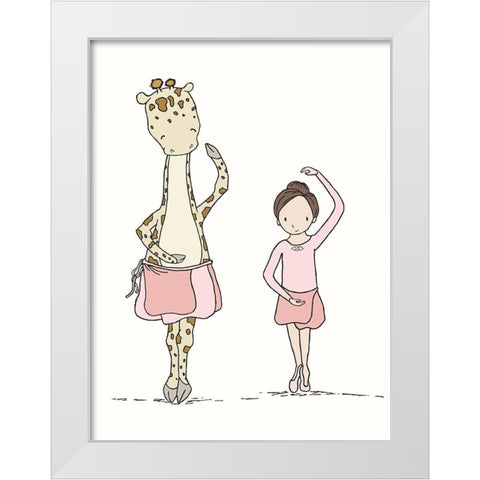 Girl And Giraffe Ballerina White Modern Wood Framed Art Print by Sweet Melody Designs