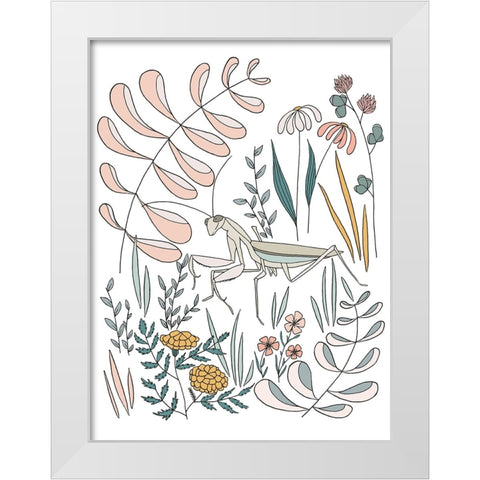 Praying Mantis Floral White Modern Wood Framed Art Print by Sweet Melody Designs