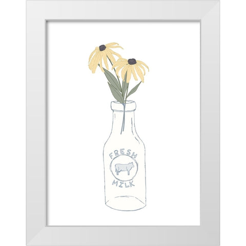 Milk Bottle Flowers White Modern Wood Framed Art Print by Sweet Melody Designs