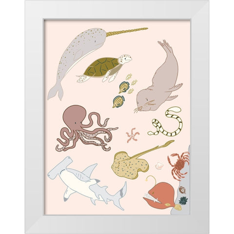 Sea Creatures White Modern Wood Framed Art Print by Sweet Melody Designs