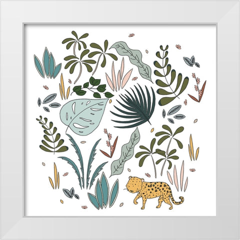 Botanical Jungle Leopard White Modern Wood Framed Art Print by Sweet Melody Designs