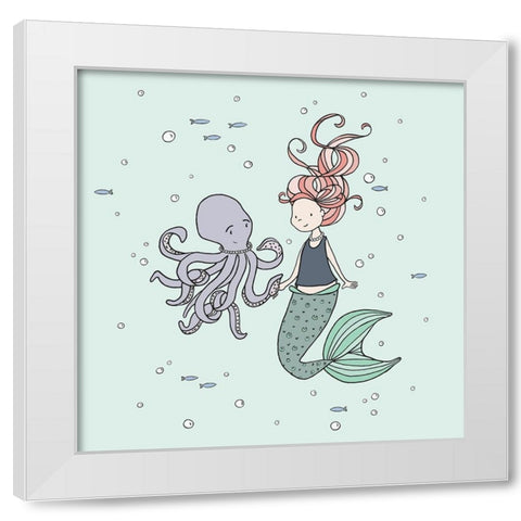 Mermaid And Octopus Buddies White Modern Wood Framed Art Print by Sweet Melody Designs